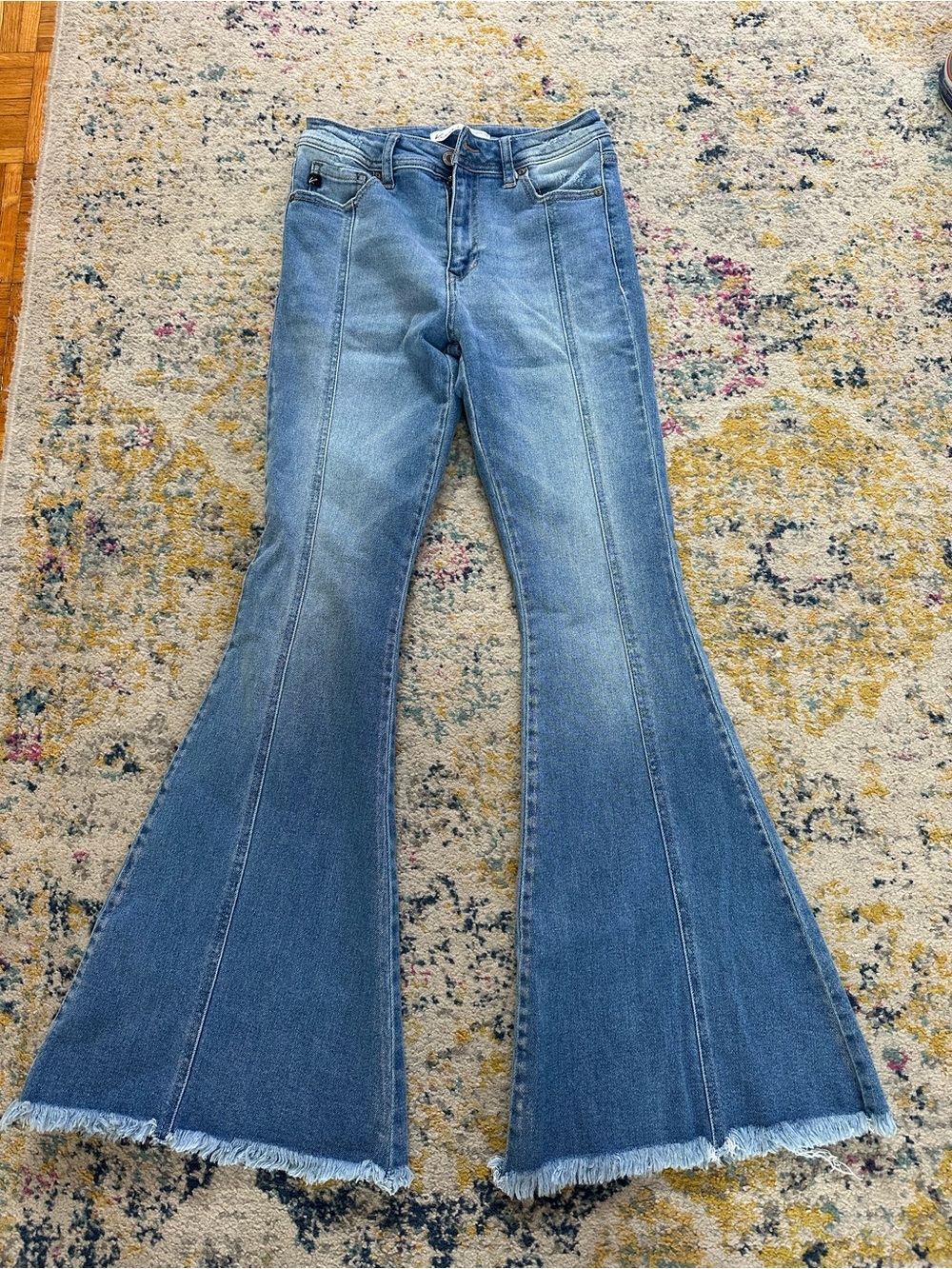 Kancan Women's Blue High-Rise Flared Jeans with Raw Hem